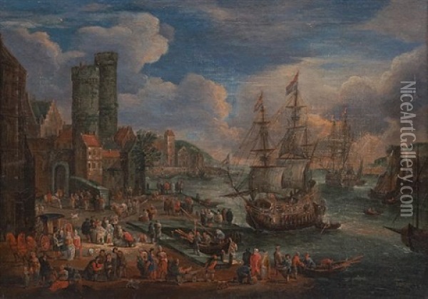 Havn Med Skip Og Folkeliv Oil Painting - Adriaen Frans Boudewyns the Elder