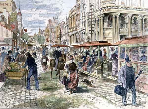 Collins Street, Melbourne, from the Illustrated London News, 11th May 1889 Oil Painting - Melton Prior
