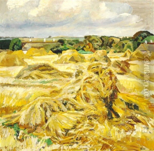 Harvest Scene, Sheaves Of Oats Near Pilegarden Oil Painting - Fritz Syberg