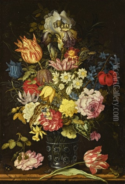 Still Life Of Flowers In A Glass Beaker On A Stone Ledge, Together With Insects And A Lizard Oil Painting - Balthasar Van Der Ast