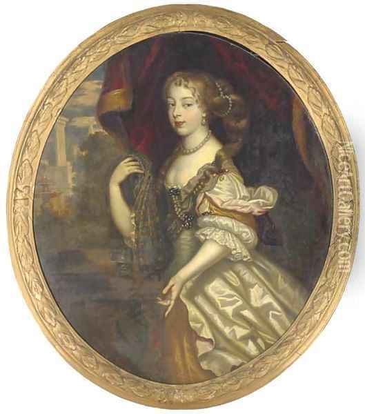 Portrait of a lady, three-quarter length, in a white silk dress Oil Painting - Sir Peter Lely