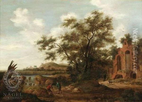 A River Landscape Withan Oak And Ruins Oil Painting - Pieter Cosyn