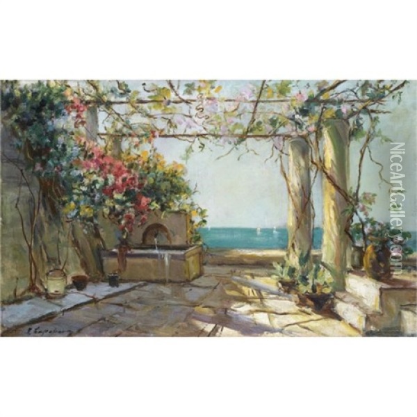 View Of A Garden In The South Of France Oil Painting - Georgi Alexandrovich Lapchine