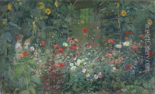 Blumengarten Mit Zwei Kindern Oil Painting - Dora Hitz