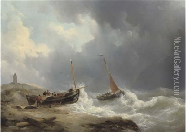 Fishing Smacks In The Breakers Off The Dutch Coast Oil Painting - Johannes Christiaan Schotel