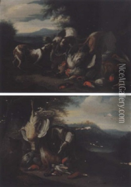 Stilleben Med Jakttrofeer Og Hunder Oil Painting - Philipp Ferdinand de Hamilton