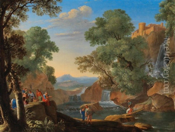 A Rocky Landscape With Figures Fishing By A Stream Oil Painting - Herman Van Swanevelt