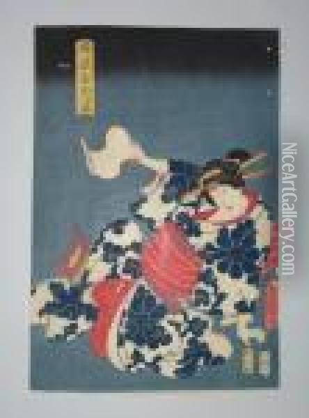 Une Jeune Femme En Kimono Bleu Oil Painting - Utagawa Toyokuni Iii