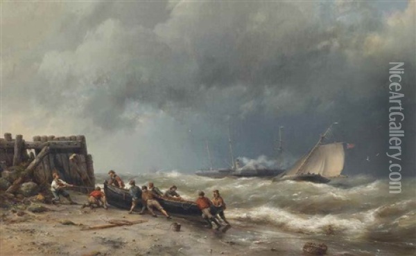 Hauling In The Vessel, A Steamer Beyond Oil Painting - Hermanus Koekkoek the Elder