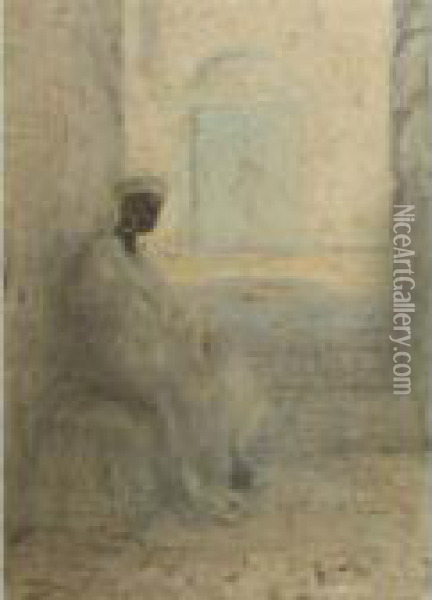 An Arabian Woman Sitting In The Shade Oil Painting - Marius Bauer