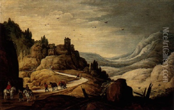 Landscape With Travellers Near A Hillside Town Oil Painting - Joos de Momper the Younger