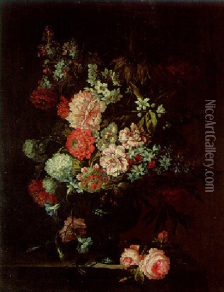 Roses, Hyacinths, Lilacs And Other Flowers In An Urn On A Ledge Oil Painting - Jean-Baptiste Monnoyer