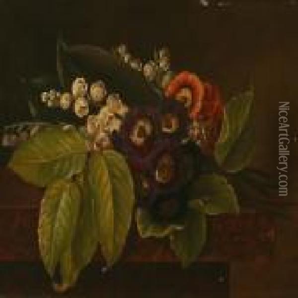A Bouquet Of Primula And Lily Of The Valley On A Sill Oil Painting - I.L. Jensen