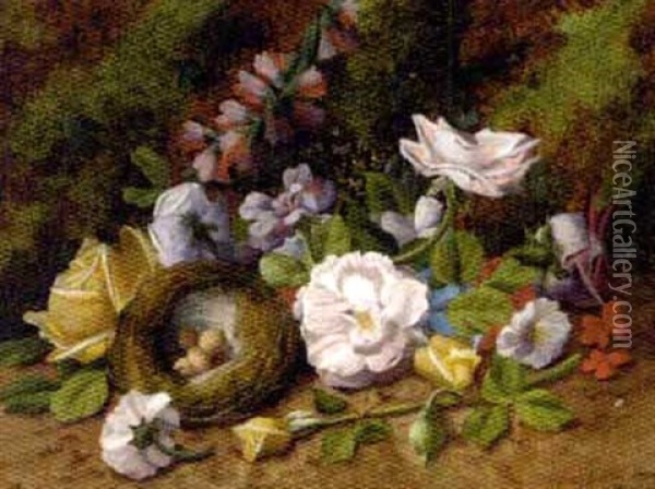 Summer Flowers And A Bird's Nest With Eggs On A Mossy Bank Oil Painting - Henry John Livens