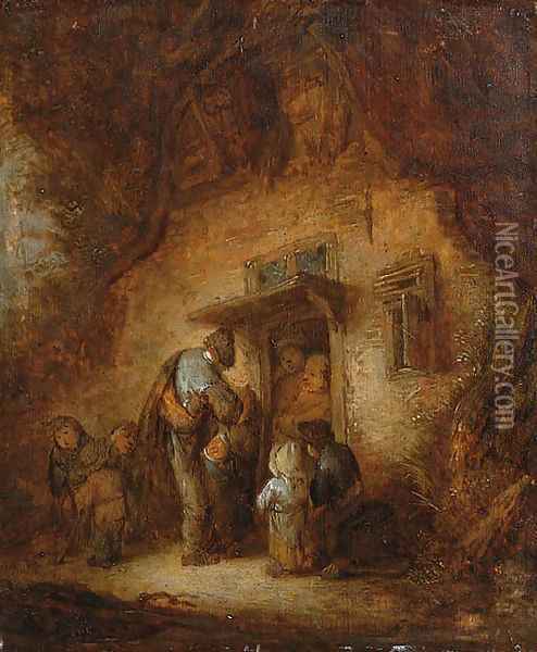 A hurdy-gurdy player with children at a cottage door Oil Painting - Adriaen Jansz. Van Ostade