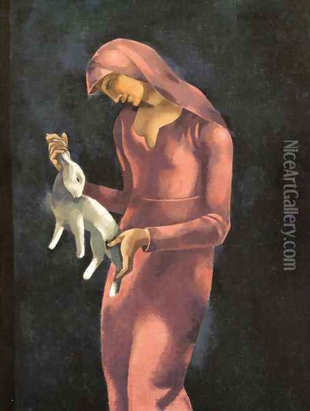 Woman with a Rabbit Oil Painting - Eugene Zak