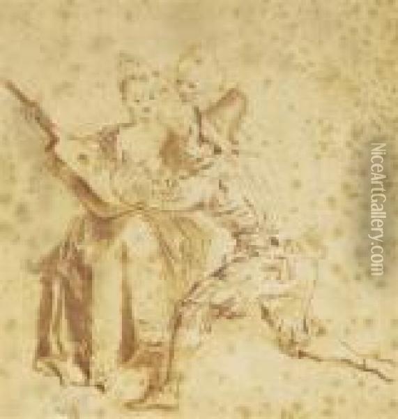 A Musician And Her Admirers Oil Painting - Watteau, Jean Antoine
