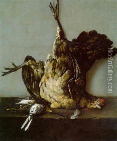 A Dead Chicken Hanging And Dead Birds On A Stone Ledge Oil Painting - Cornelis van Lelienbergh
