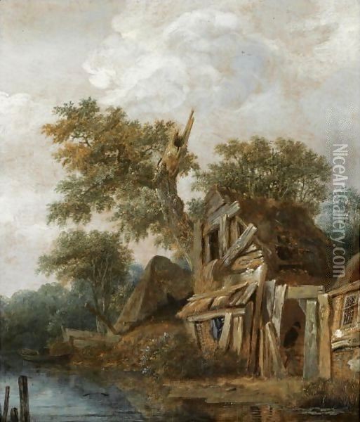 A Wooded Landscape With A Farmstead On The Banks Of A River, A Figure Entering The Cottage Oil Painting - Cornelius Decker