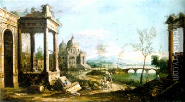 A River Landscape With Classical Ruins, A Capriccio Of Sta. Maria Della Salute, Venice, And Mountains Beyond Oil Painting - Francesco Battaglioli