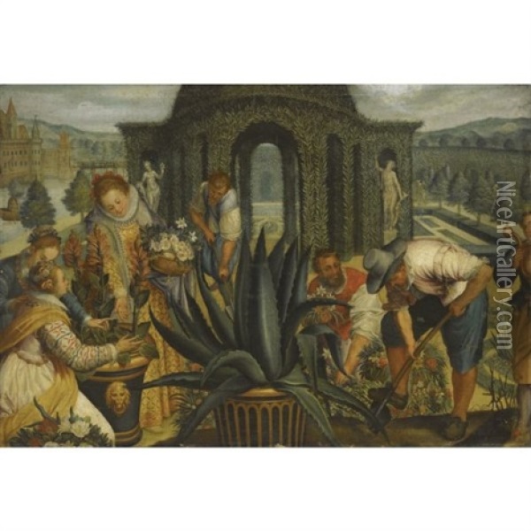 An Allegory Of May: Elegantly Dressed Noblewomen And Gardeners In A Renaissance Garden Oil Painting - Peter de Witte the Elder