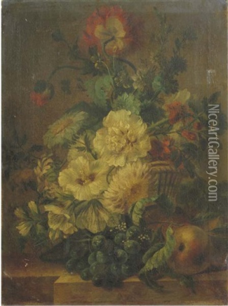 Carnations, Poppies, Roses And Other Flowers In A Basket With Black Grapes And Peaches On A Ledge Oil Painting - Jan Van Huysum