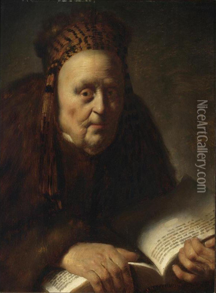 A Portrait Of An Old Woman Holding A Book Oil Painting - Isaac de Jouderville