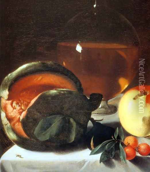 Still-Life with Fruit and a Carafe of White Wine (detail) Oil Painting - Pensionante Del Saraceni