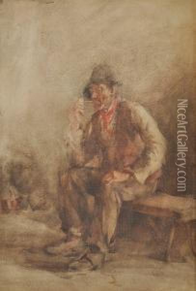 A Man Smoking A Pipe On A Bench Oil Painting - Henry Wright Kerr