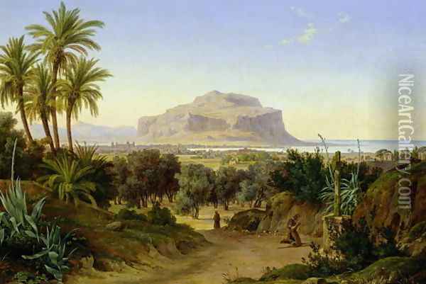 View of Palermo with Mount Pellegrino Oil Painting - August Wilhelm Julius Ahlborn