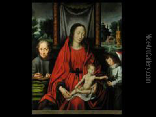 Die Heilige Familie Mit Einem Engel, Der Dem Jesuskind Eineweintraube Reicht Oil Painting - Joos Van Cleve