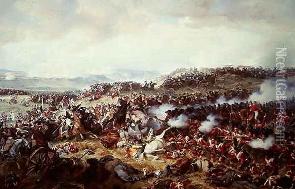 Cuirassiers Charging the Highlanders at the Battle of Waterloo on 18th June 1815, 1874 Oil Painting - Felix Philippoteaux