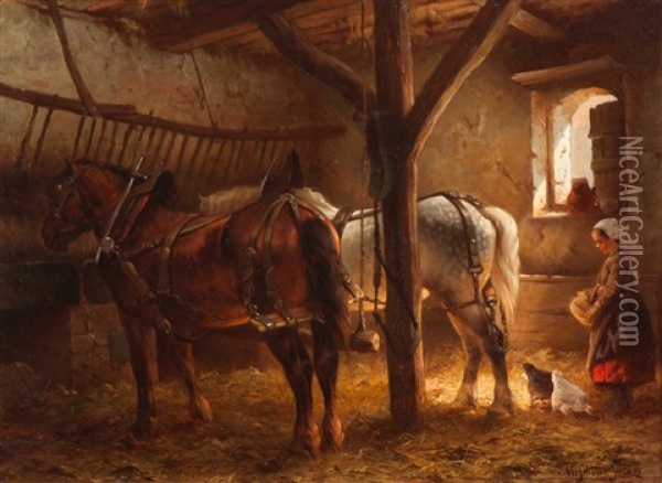 The Feeding Of The Chickens In The Stable Oil Painting - Wouter Verschuur the Younger
