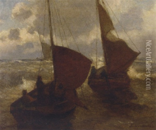 Sailing Vessels In The Surf Oil Painting - German Grobe