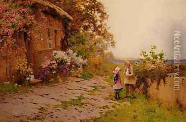 Two Children with a Rabbit Outside a Cottage by the Sea Oil Painting - J.A. Lynas Gray