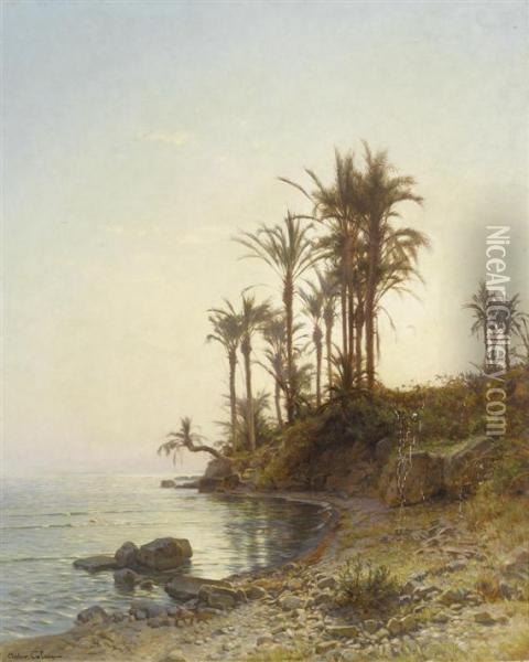 A Coastal Landscape With Palm Trees Oil Painting - Arthur Jean Bapt. Calame