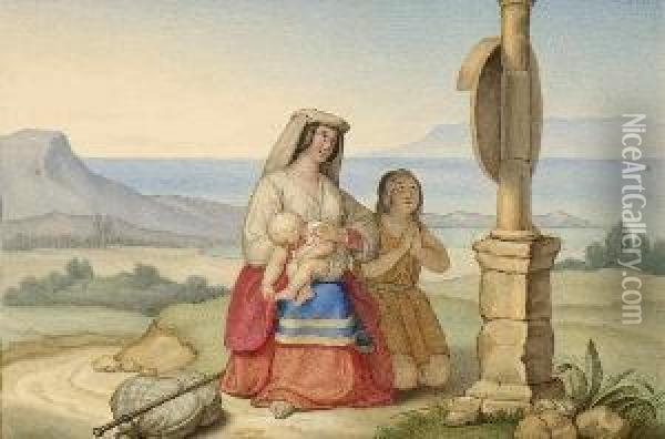 Italienerin Mit Zwei Kindern Im Gebet Oil Painting - Clemens Von Zimmermann