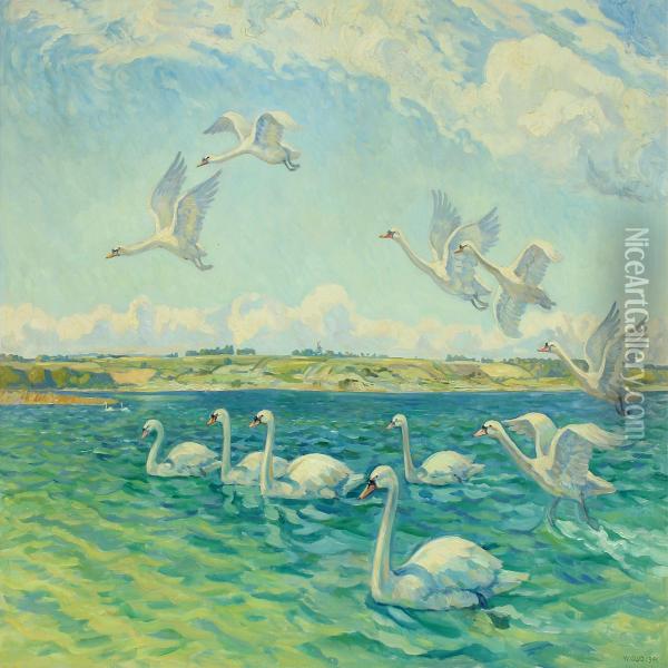 Inlet With Swans Oil Painting - Wilfred Peter Glud