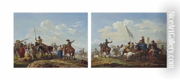 The Departure Of The Troops; A Military Convoy On The March (pair) Oil Painting - Claude Michel Hamon Duplessis