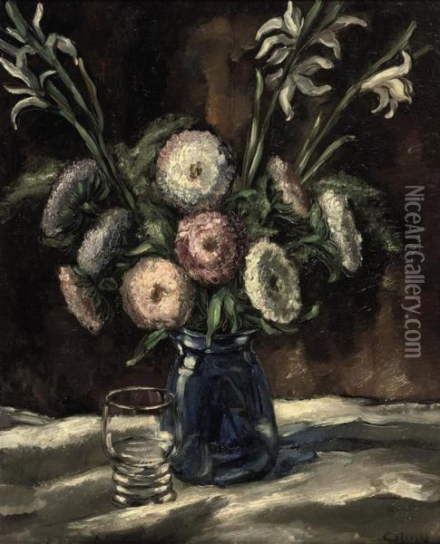 A Still Life With Flowers In A Blue Vase And A Glass Oil Painting - Jos Croin
