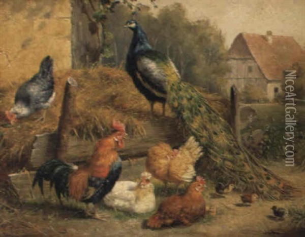 Pfau, Hahn, Huhner Und Kuken Oil Painting - Carl Jutz the Elder