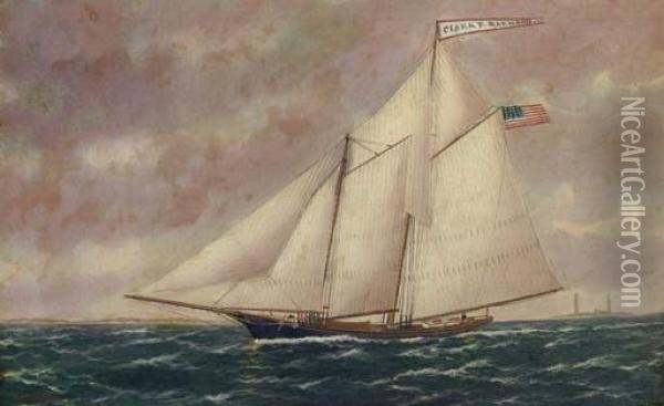 The Racing Schooner Clara R. Harwood Off Cape Anne Lighthouse Oil Painting - William Pierce Stubbs