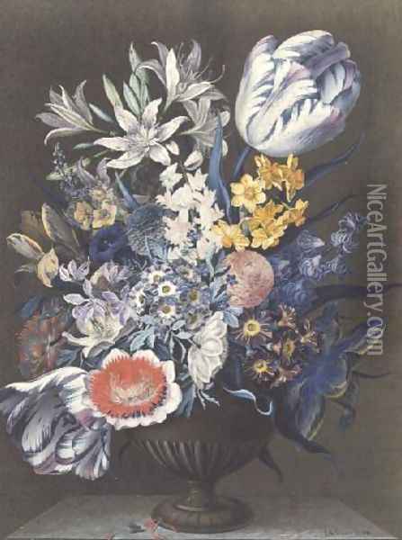 Urn with Flowers on a Marble Table Oil Painting - J.A. Simson