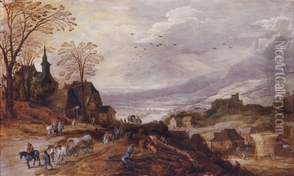 An Extensive Autumnal Landscape With Travellers On A Path By A Village, Woodcutters In The Foreground, A River Valley And Mountains In The Distance Oil Painting - Joos de Momper the Younger