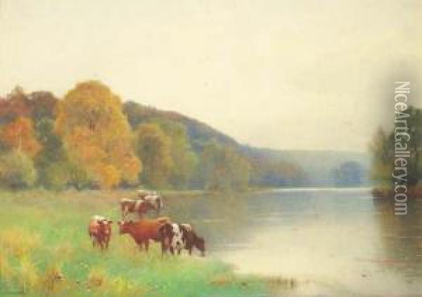 Cattle Watering At The Edge Of A Lake; And Cattle In A Pasturebeside A Thatched Cottage Oil Painting - Benjamin D. Sigmund