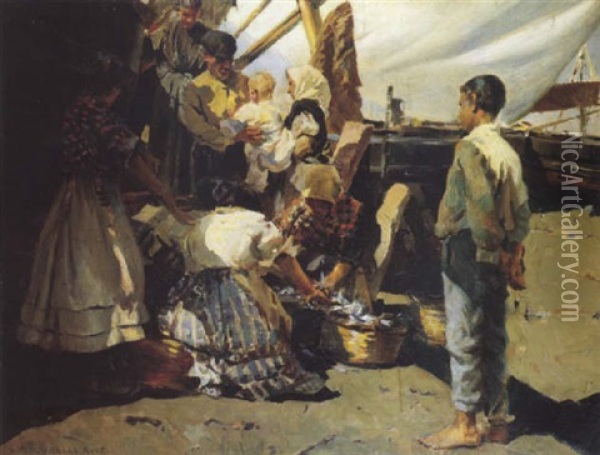 Familia De Pescadores Oil Painting - Enrique Martinez Cubells y Ruiz