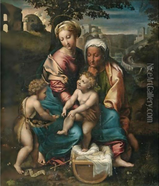 The Madonna And Child With Saint Anne And The Infant Saint John The Baptist Oil Painting - Raphael (Raffaello Sanzio of Urbino)