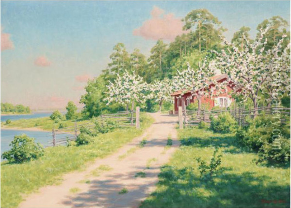 Summer Landscape With House Oil Painting - Johan Krouthen
