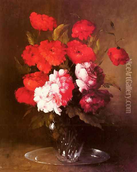 Pink Peonies and Poppies in a Glass Vase Oil Painting - Germain Theodure Clement Ribot