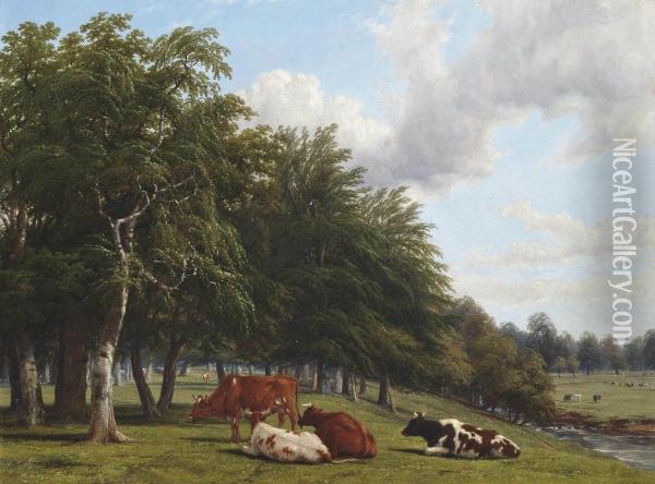 Cattle In Wooded River Landscape Oil Painting - Thomas Baker Of Leamington
